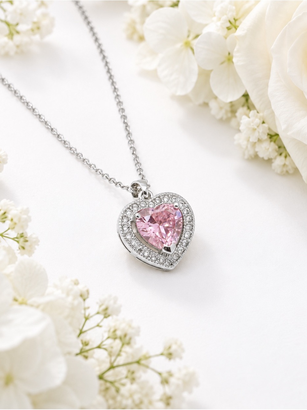 Heart Pendant Necklace with Pink Stone